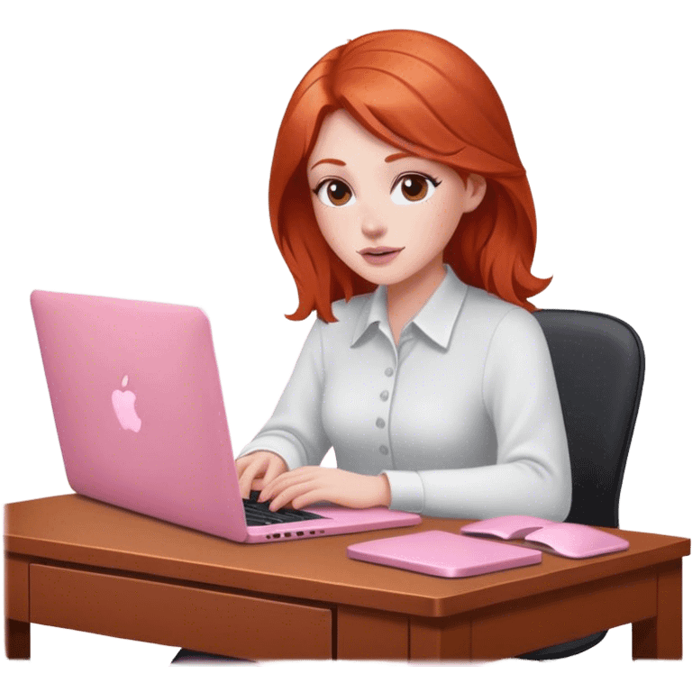 Redhead sat at desk with pink MacBook  emoji