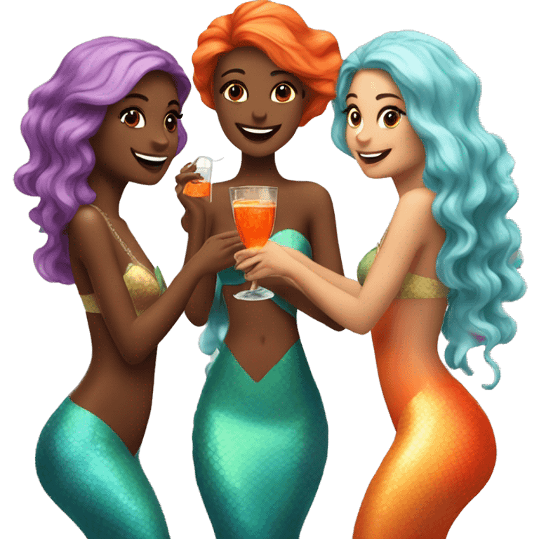 Three beautiful bright skin mermaids drinking aperol emoji