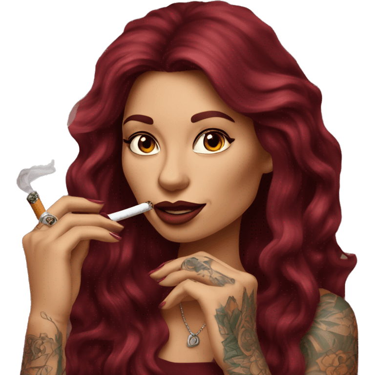 Beautiful tattooed burgundy long haired woman smoking a cigarette emoji