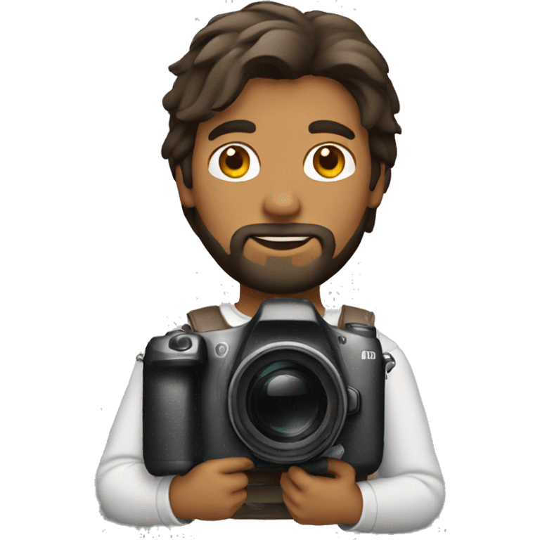 brown guy with mullet and beard holding a photo camera emoji