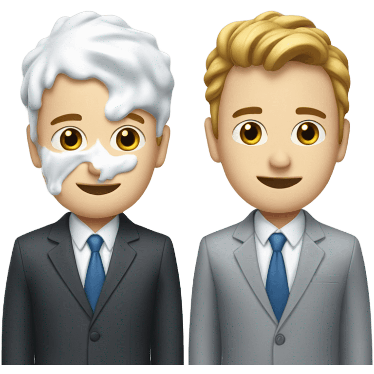 Two men covered in yogurt wearing suits with yogurt on their head, and more yogurt on their suits, but white skin emoji