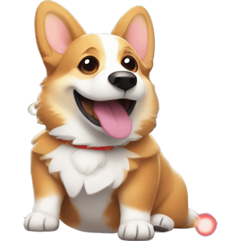 Excited corgi tangled in colorful Christmas lights, wagging its tail happily emoji