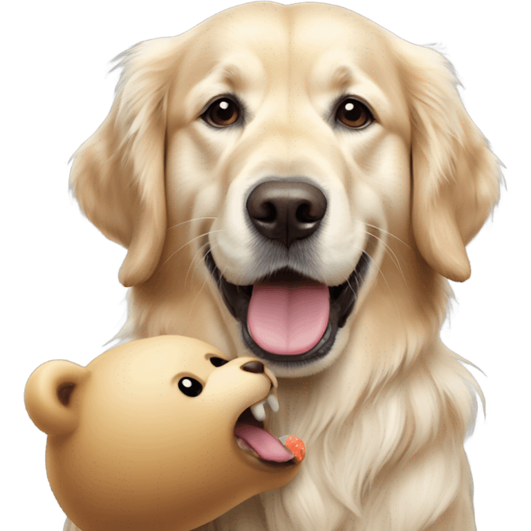 English cream golden retriever holding bear toy in mouth emoji