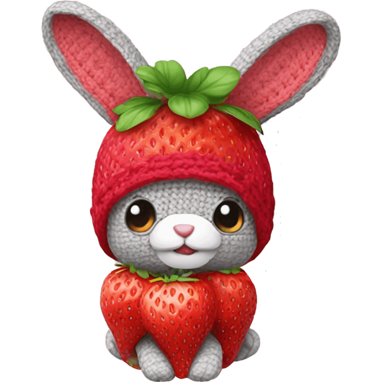 Rabbit wearing cute strawberry crochet hat emoji