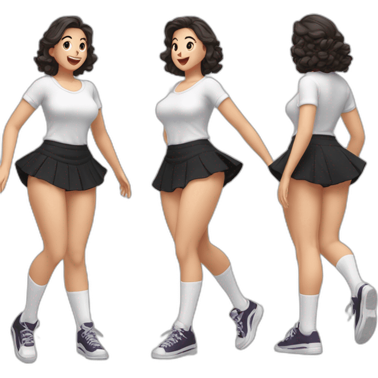 full-body-caucasian-curvy-beauty-jumping-short-black-skirt-back-and-front-views-strong-wind-white-knickers-long-white-socks emoji