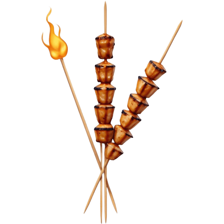 Cinematic Realistic Satay Dish Emoji, depicted as skewered, marinated meat grilled to perfection rendered with rich, smoky textures and dynamic, appetizing lighting. emoji