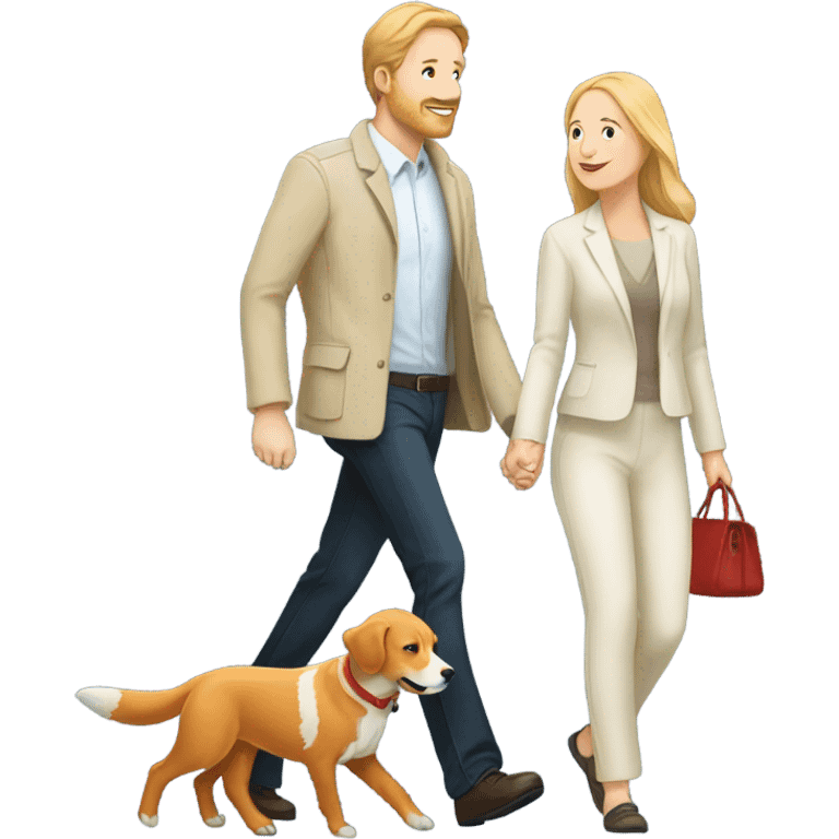 man walking fox red Labrador and woman walking English cream retriever emoji