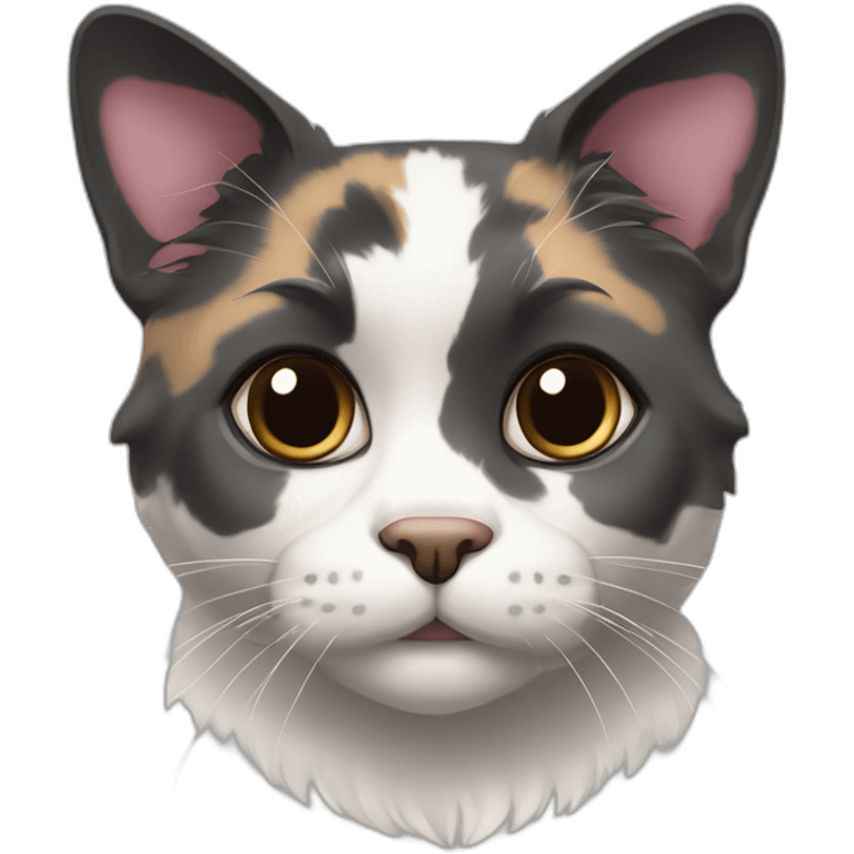 older diluted calico, white chin, black and pink nose, mostly dark grey, dark grey ears emoji