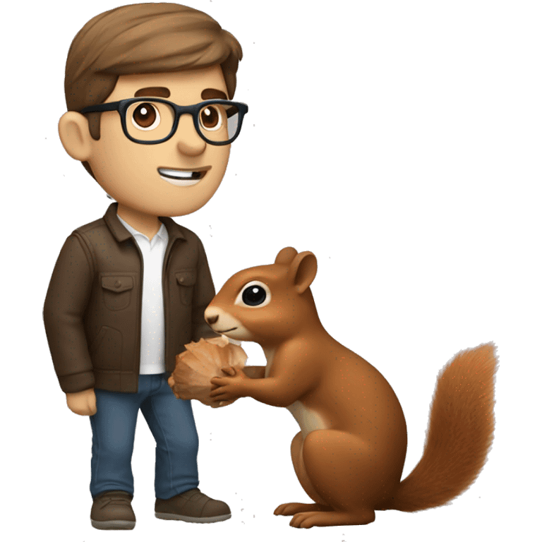 A Man with Brown hair, with a glasses and fair skin feeds a squirrel  emoji