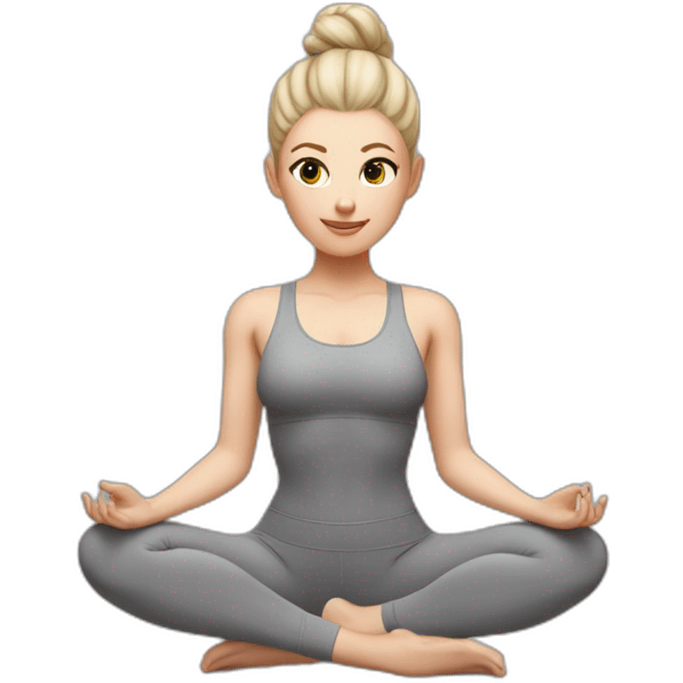 Pale skinned fit woman In a gray tight yoga suit and wristbands With ash blonde hair in a bun doing yoga emoji