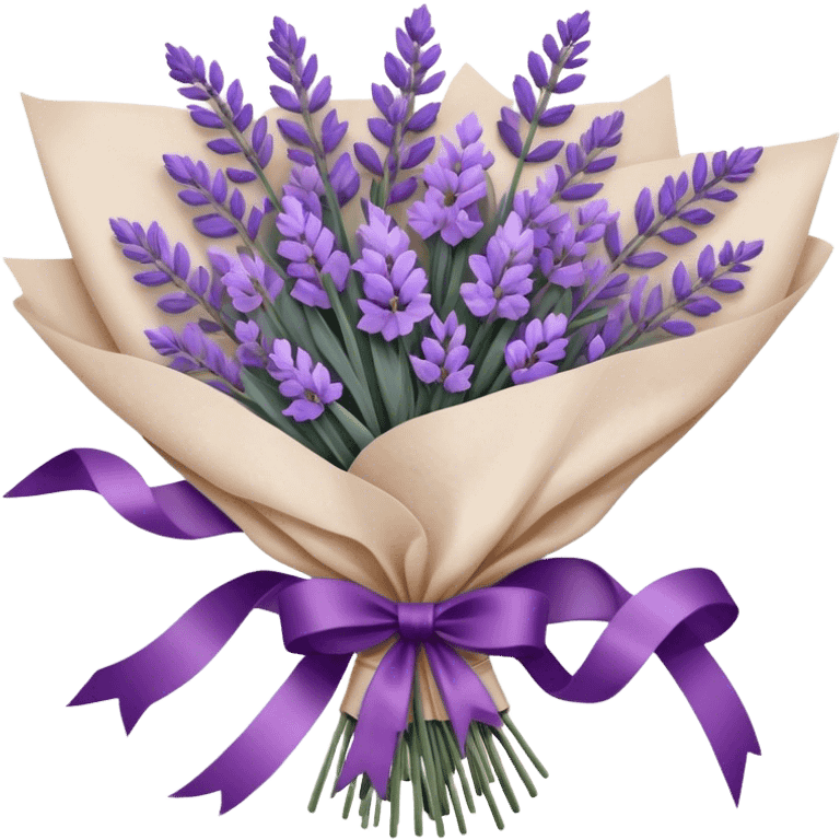 A delicate hand-tied lavender bouquet, featuring wisps of pale lilac and deep amethyst sprigs, is wrapped in parchment paper secured with a dusty plum ribbon. The gentle contrast of fresh and dried stems creates a soft, ethereal look, while the faint scent of lavender lingers like a nostalgic embrace from a bygone era.
 emoji