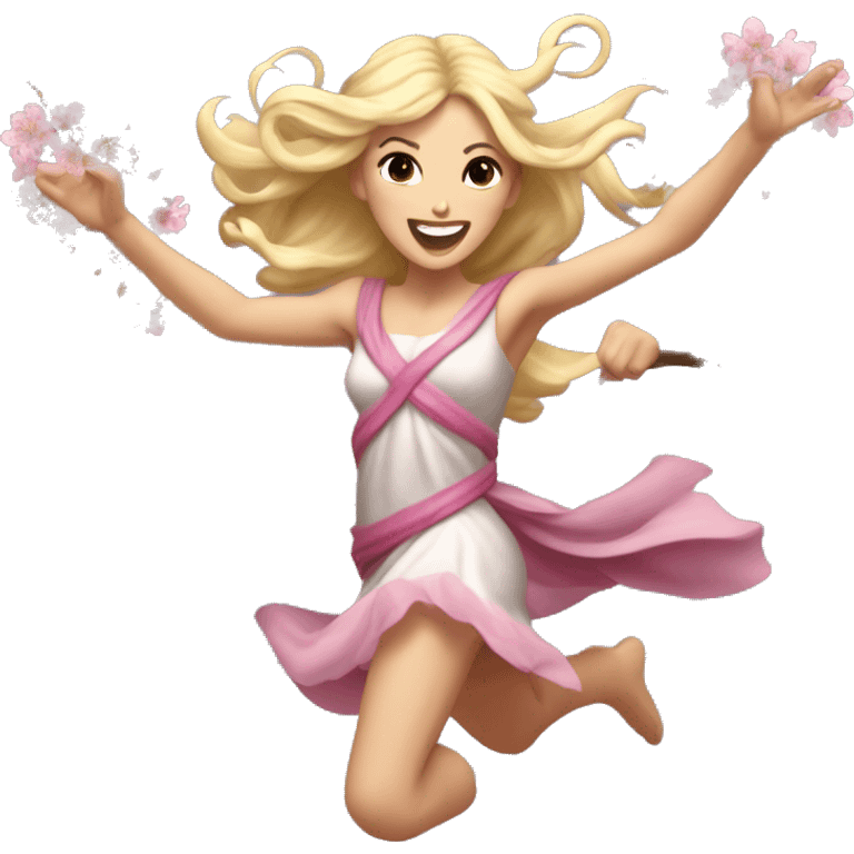 blonde Beltane cherry blossom Pagan goddess sprinting, with a large stride and arms outstretched emoji