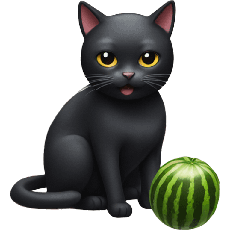 black cat eating watermelon and fried chicken emoji