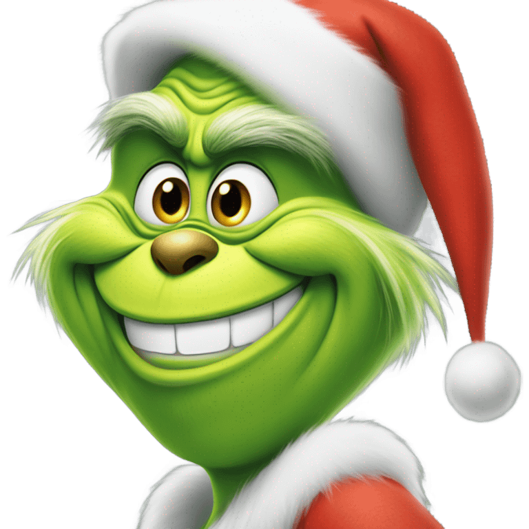 The grinch with a Santa hat and a big grin emoji