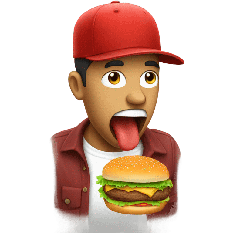 Man with a red hat eating a burger emoji