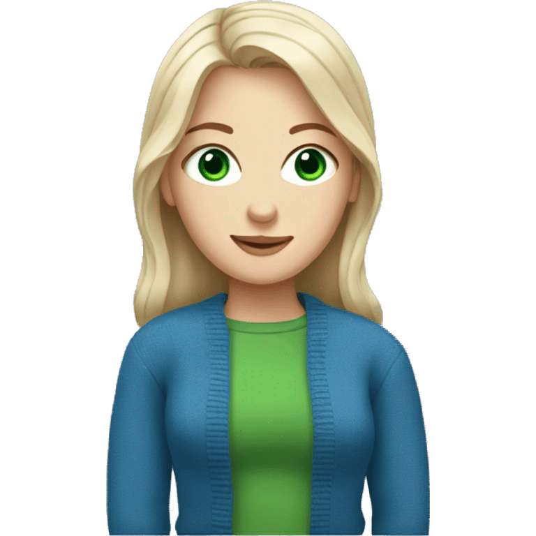 Pretty white girl with blue sweater with green eyes emoji