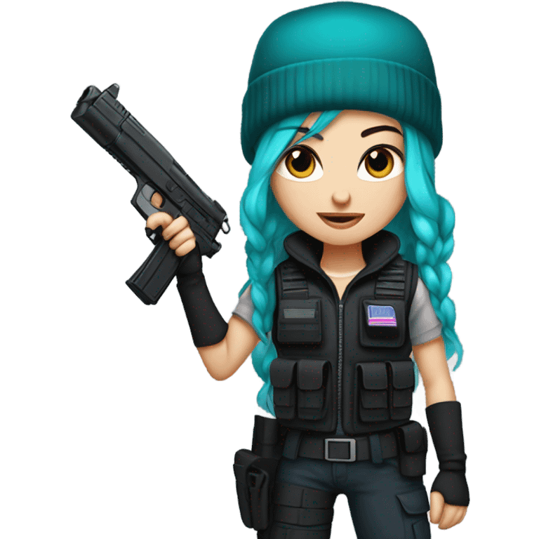 Girl, white skin, tactical vest, dark pants, long teal purple hair, blue eyes, black beanie hat, gun, black combat boots emoji