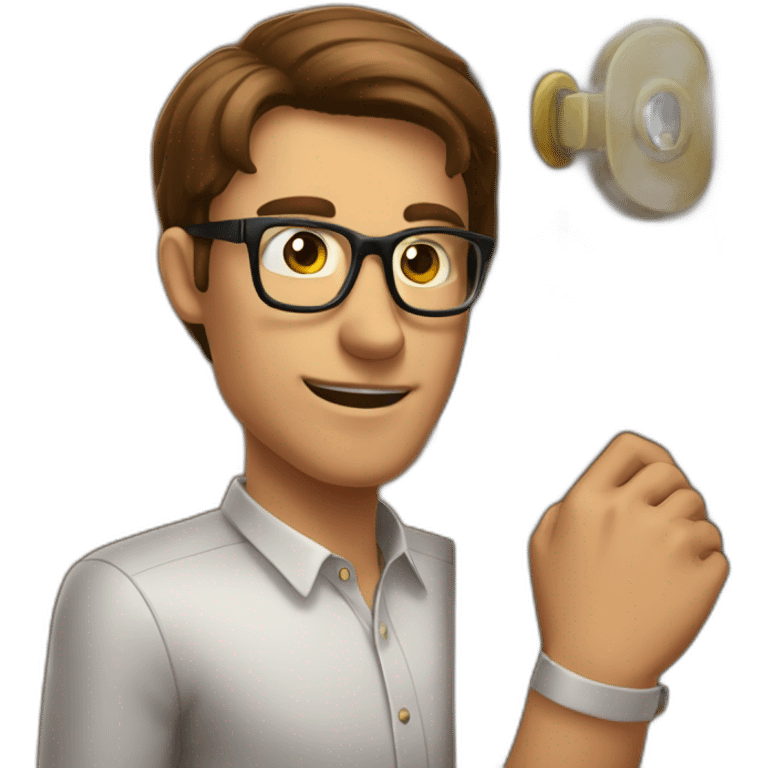 brown-short-haired classy man wearing glasses, struggling to fit a key into a wooden door-lock emoji