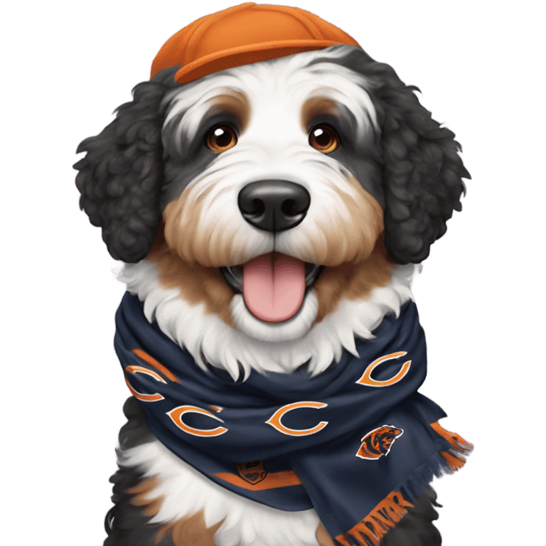 Bernedoodle with chicago bears hat and scarf emoji