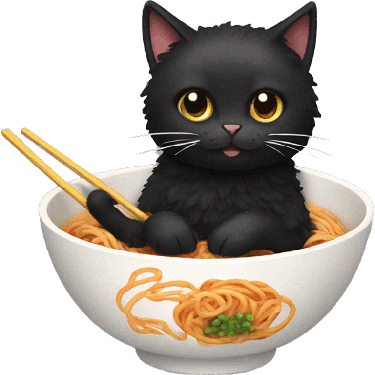 Black fluffy cat eating ramen emoji