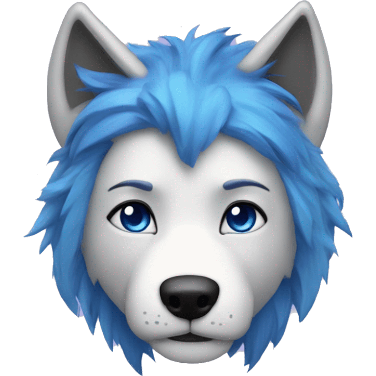 make me a wolf with blue hair on top with purple ears with blue eyes blue nose gray and white face with warm thing around his neak thats makes hime warm that is blue and black emoji