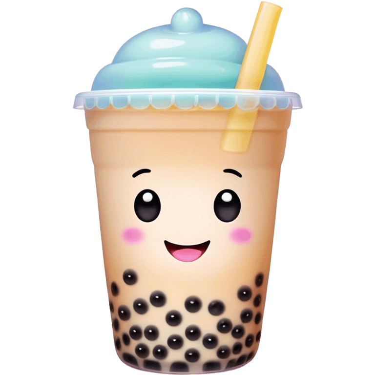 Cinematic pastel-colored bubble tea, chubby cup with a smiling face, tiny black tapioca pearls peeking out, soft glowing background, playful and adorable. emoji