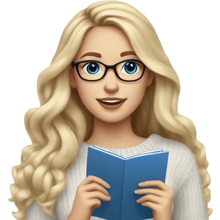 Blonde balayage long hair white women sweater blue eyes and small glasses holding note pad emoji