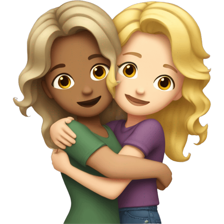 One girl withe brown wavy hair hugging another girl with blonde hair emoji