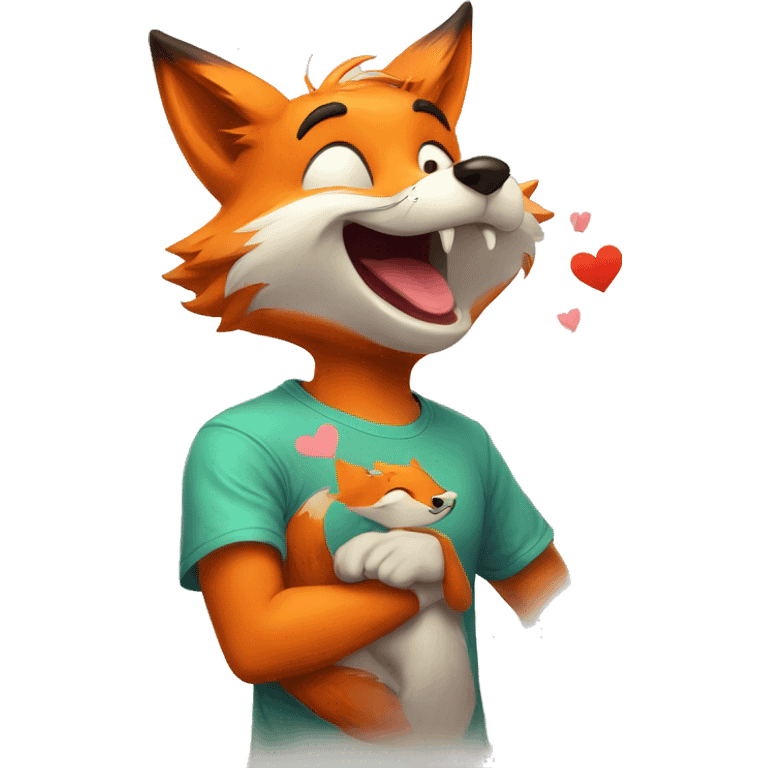 an anthropomorphic fox sending a kiss. The fox is wearing a colorful T-shirt and has a cheerful expression on his face. emoji