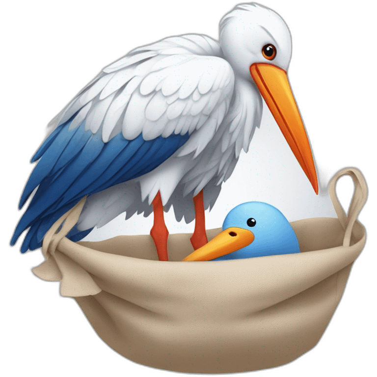 White stork carrying a blue bundle of cloth in its big beak that has a cute human person cute baby boy inside and his head is peeking from the fabric the strok is carrying in its beak emoji