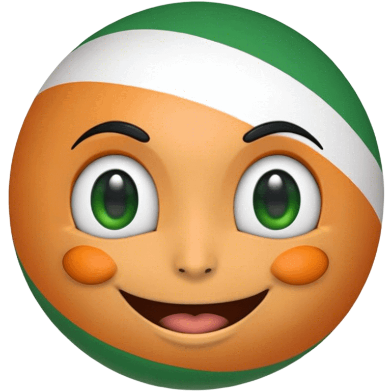 "A 2D-rendered, glossy, spherical emoji with a cheerful smiling face. The sphere is painted with the colors of the Indian flag—saffron on top, white in the middle, and green at the bottom. The emoji has large, shiny green eyes with black pupils, reflecting light for a cute and friendly expression. The background is plain white, making the vibrant colors and glossy texture of the sphere stand out. The overall style is smooth and cartoon-like, with a polished and modern look." emoji