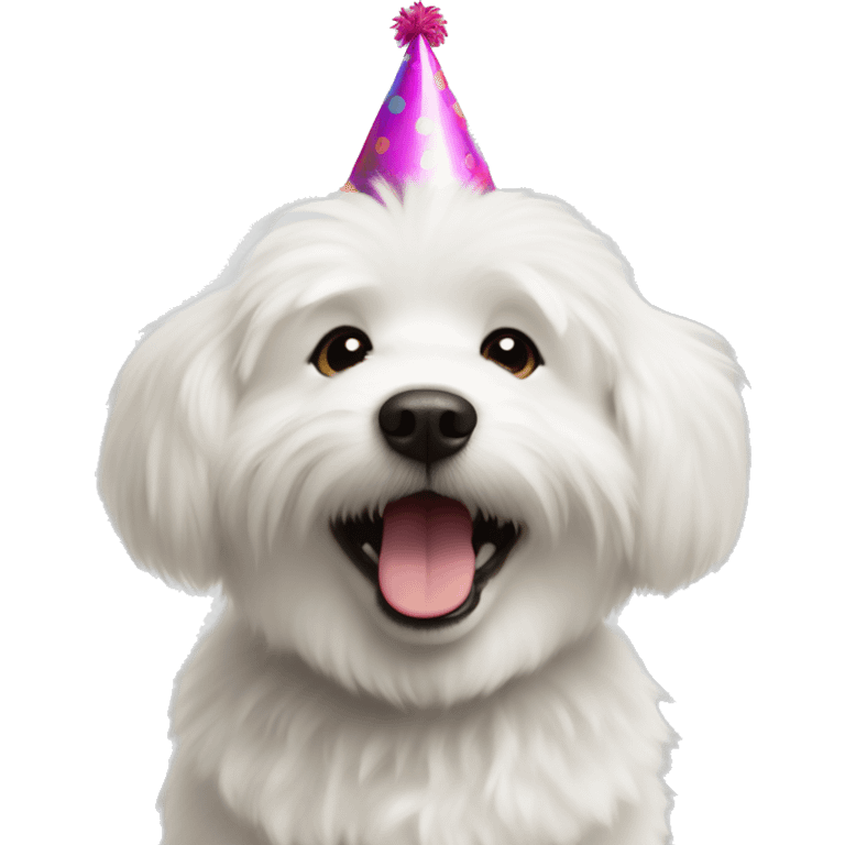  white fluffy Dog with party hat saying have a good day emoji