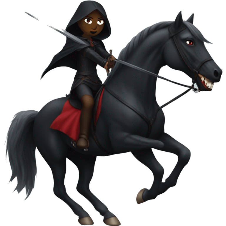 Woman, vampire riding a black horse, wielding a sword emoji