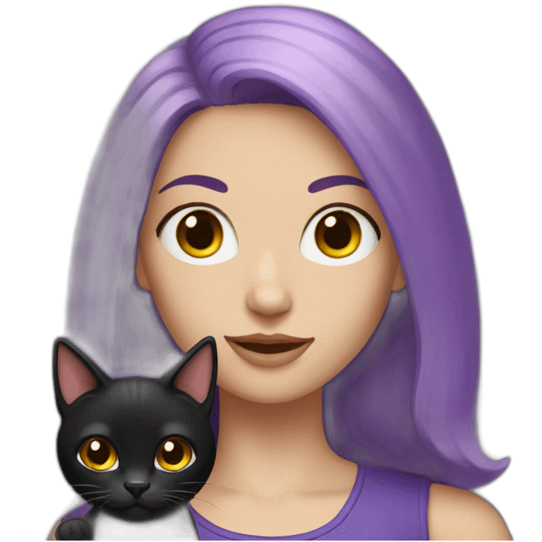 a white woman with purple hair holding a black cat emoji