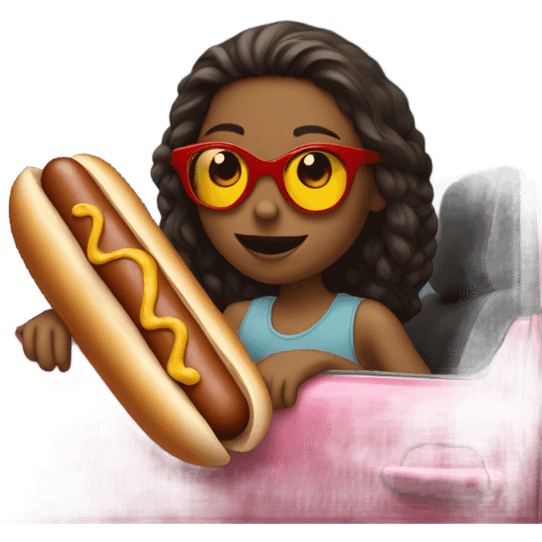 girl in sunglasses by car eating hot dog emoji