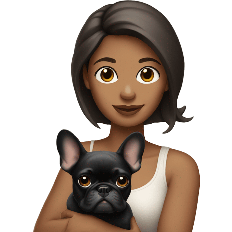 Brunette Woman holding black and tan French bulldog emoji