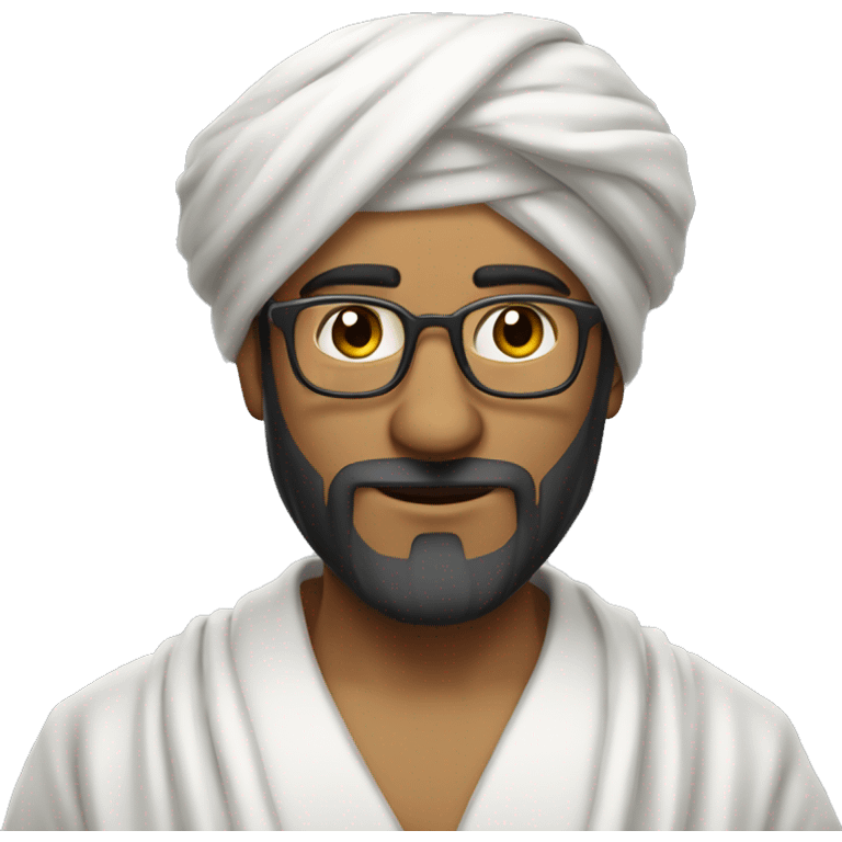 Turban man with small beard, glasses and white robe. also add backpack and keep check view emoji