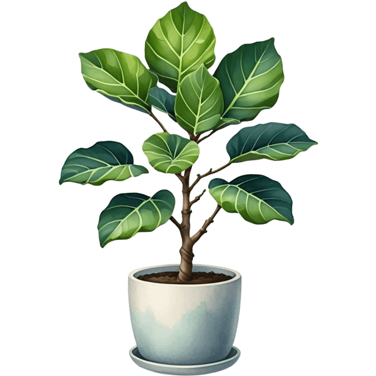 An elegant fiddle-leaf fig tree in a modern minimalist pot, painted in watercolor with realistic shadows and highlights. emoji