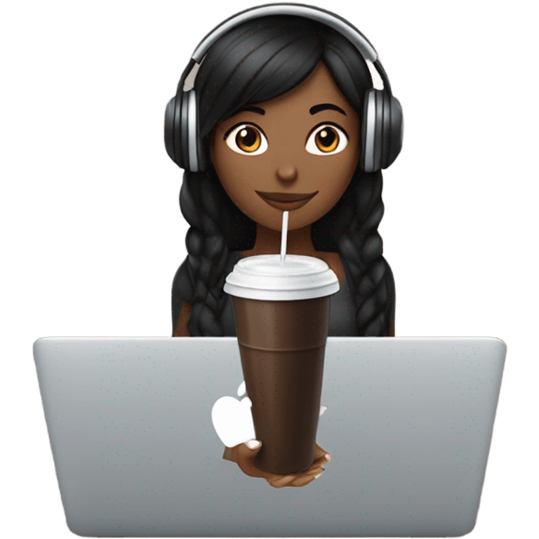 A girl with black hair is wearing black over - ear headphones. She is holding an iced Americano in one hand and a MacBook in the other emoji