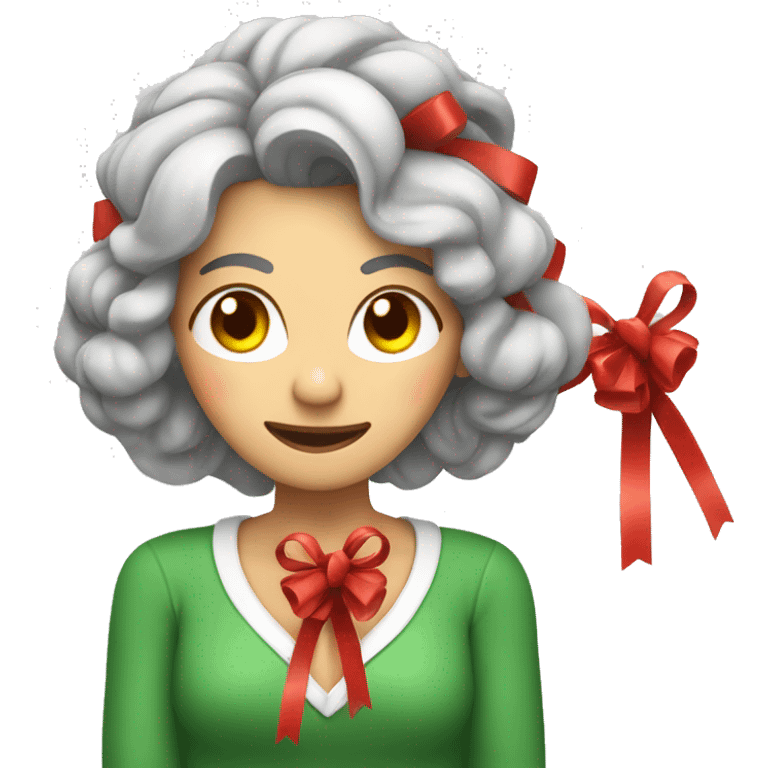 Middle aged woman learning how to tie a Christmas bow emoji