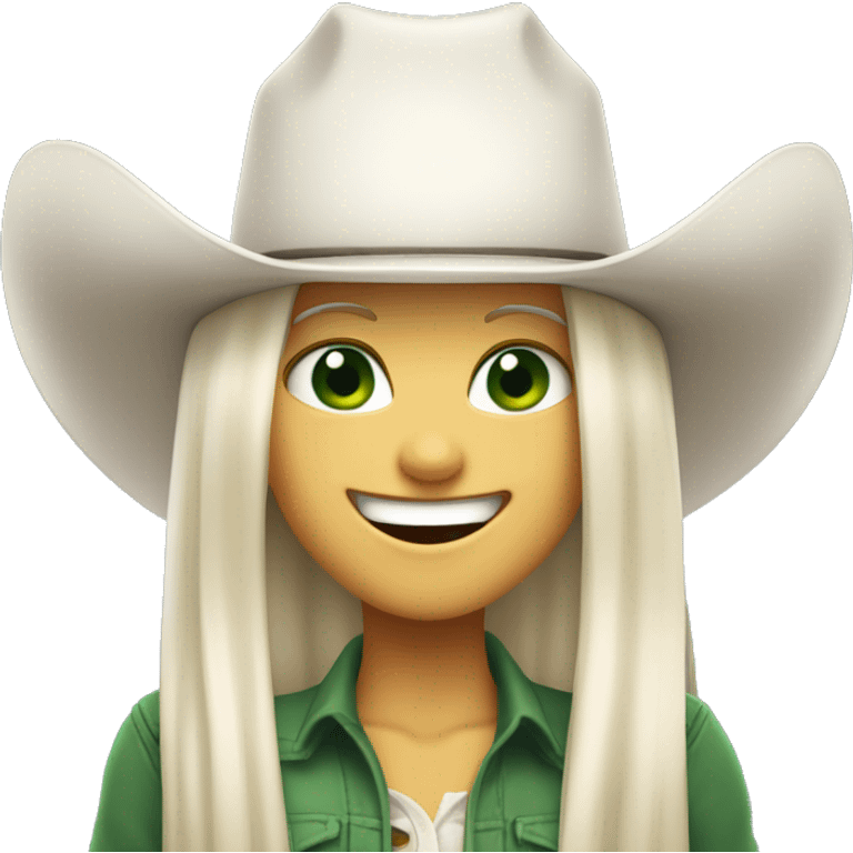 A white-skinned girl with a cowboy hat, long straight white hair and green eyes is laughing out loud.  emoji