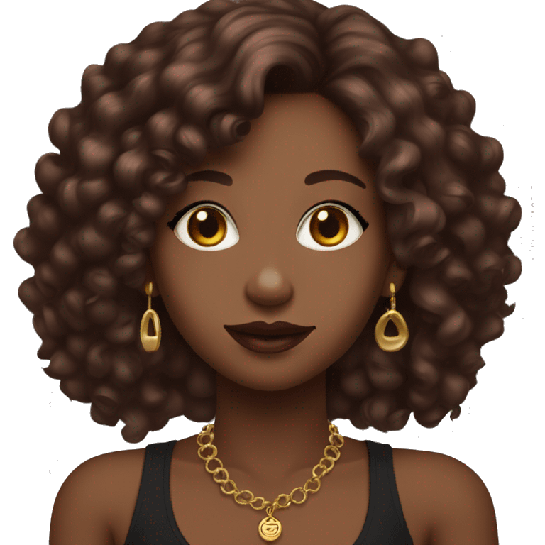 Female with curly cherry chocolate hair, burgundy eyes and medium skin. She wears make-up, a black tank top and gold jewelry emoji