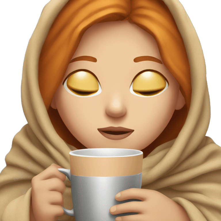 girl with Ginger hair inside a blanket sipping coffee eyes closed emoji