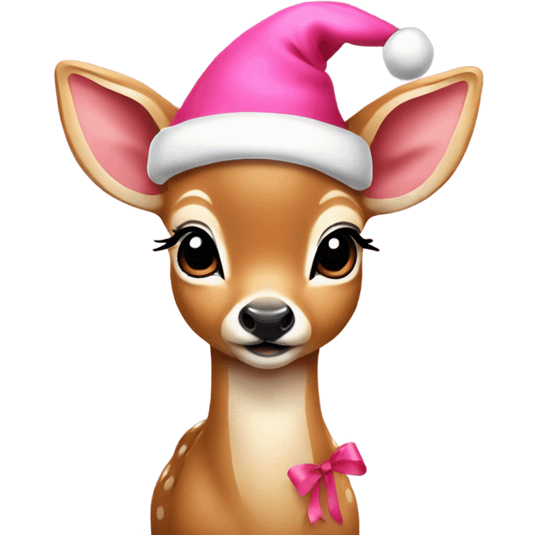 baby deer wearing Santa hat and pink ribbon around neck emoji