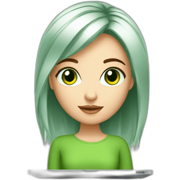 beautiful girl with computer,green eyes,beautiful girl with short read hair with computer, emoji