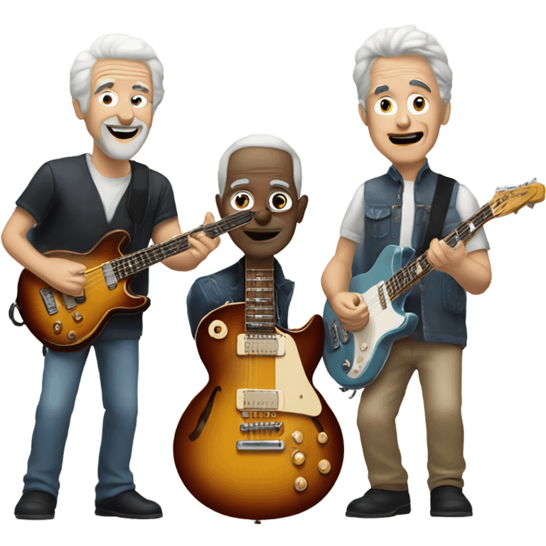 Three older white musicians jamming. one on a Gibson guitar, one on a Fender bass and one on drums emoji