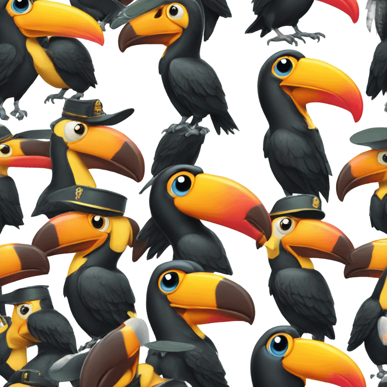 speechless, shocked, toucans wearing a old war helmet and military suit emoji