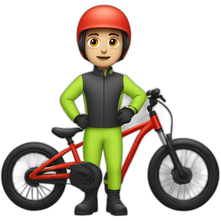 young guy with red bicycle helmet wearing a high visibility suit emoji