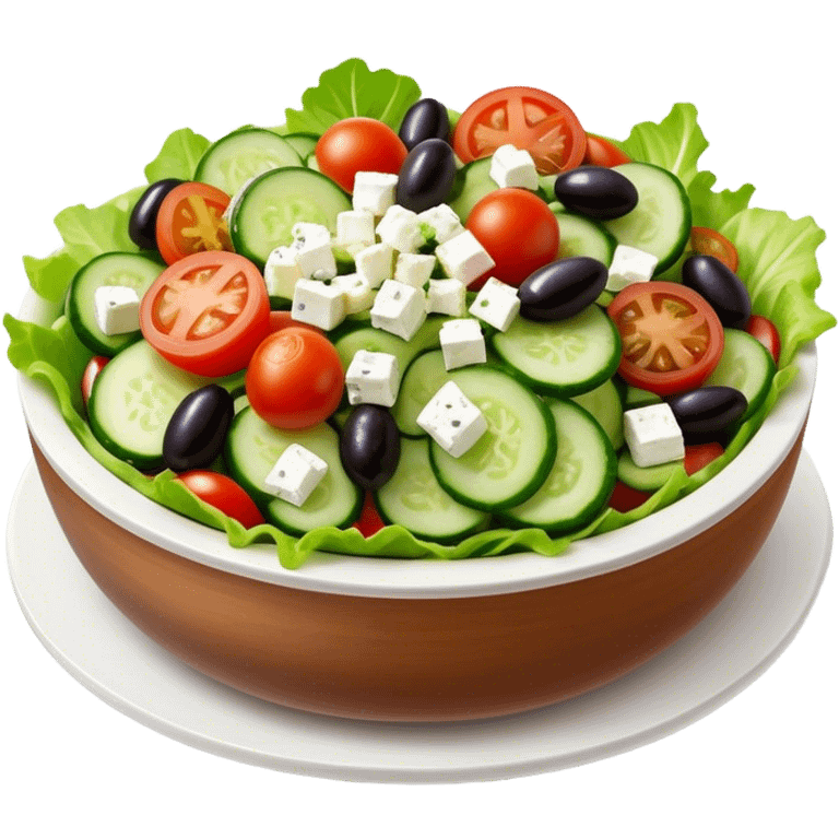 Cinematic Realistic Greek Salad Dish Emoji, depicted with crisp lettuce, tomatoes, cucumbers, olives, and feta cheese rendered with vibrant textures and fresh, natural lighting. emoji