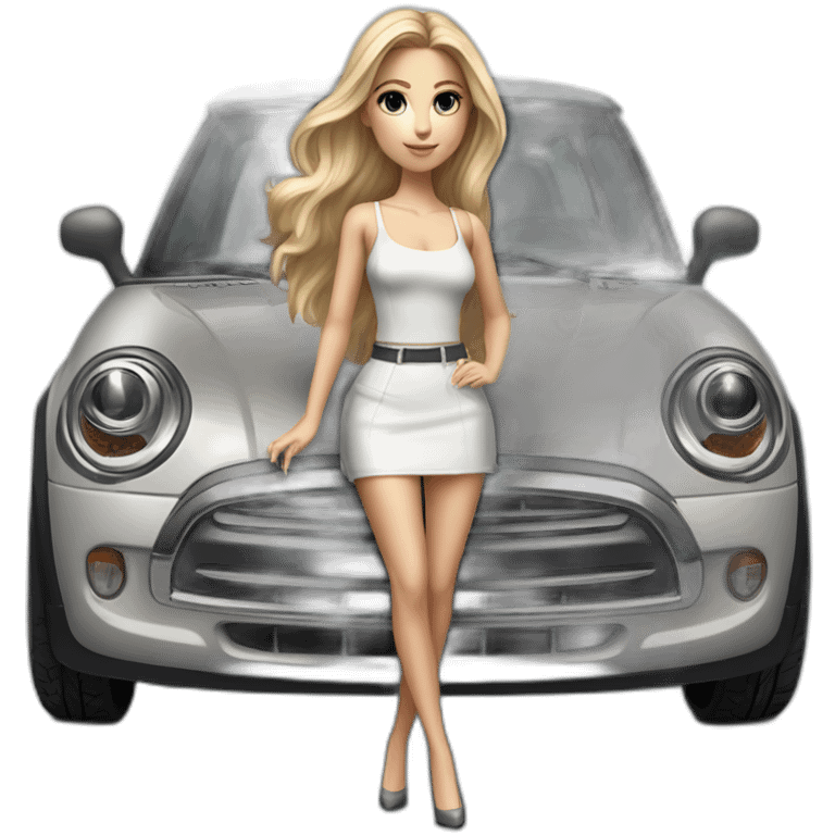 hyperrealist caucasian long blonde hair brown eyes woman white thin straps top gray tight mini skirt black high heeled shoes full body emoji